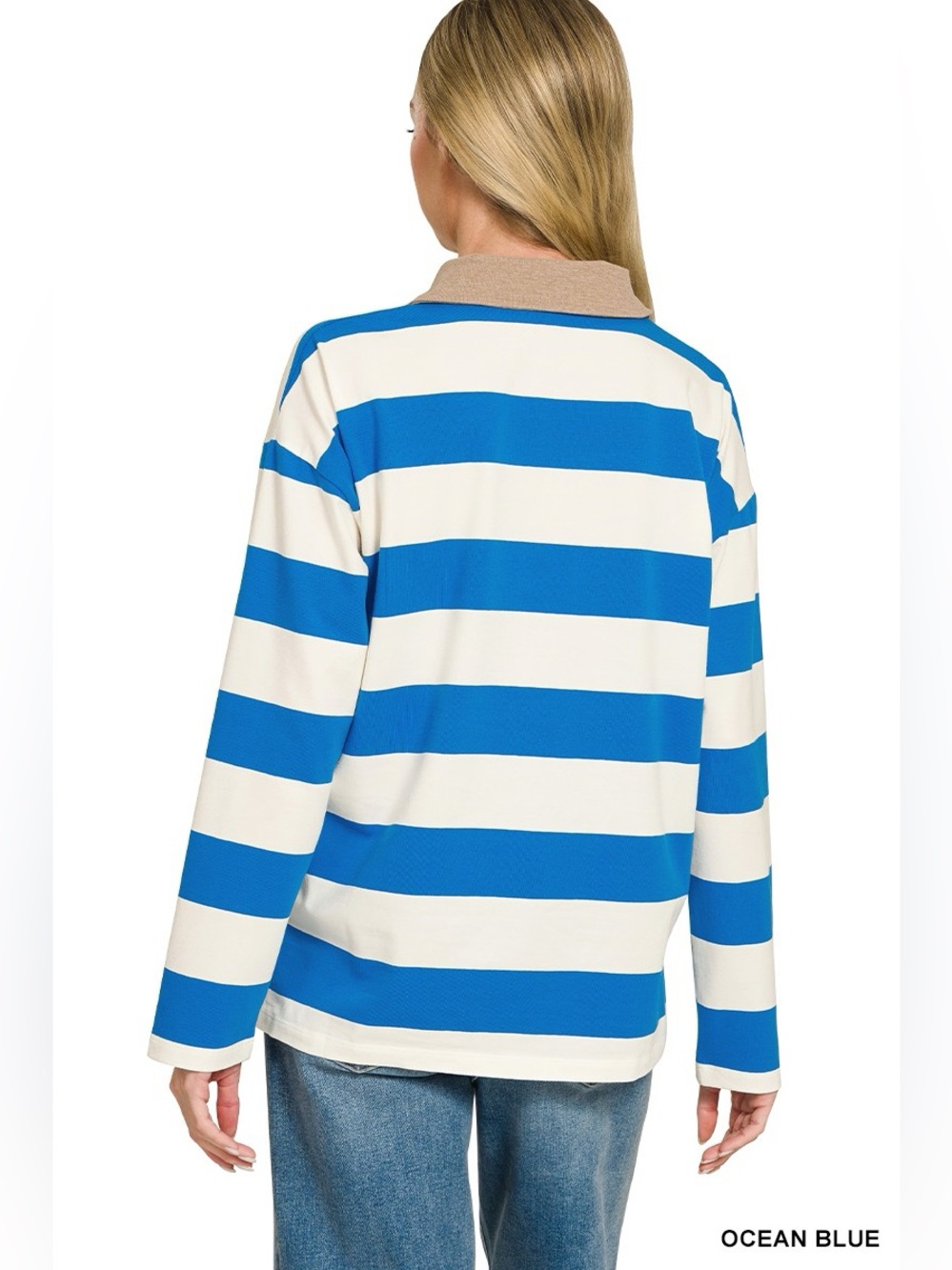 Zenana Striped Contrast Collar Polo Top - Picture 3 of 5
